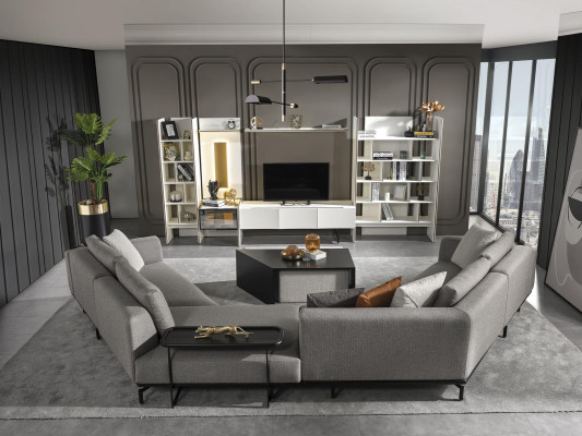 Sofá esquinero en forma de U para la sala de estar, sofá de tela nuevo diseño gris moderno de lujo.