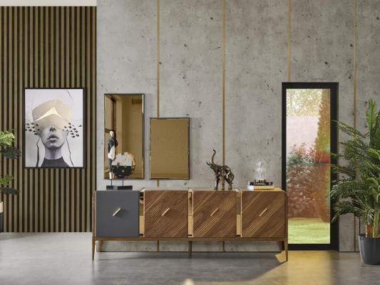 Aparador 2x Espejo Grupo de sala de estar Diseño de madera Conjunto de 3 piezas nuevo marrón