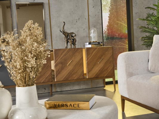 Aparador 2x Espejo Grupo de sala de estar Diseño de madera Conjunto de 3 piezas nuevo marrón