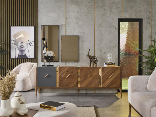 Aparador 2x Espejo Grupo de sala de estar Diseño de madera Conjunto de 3 piezas nuevo marrón