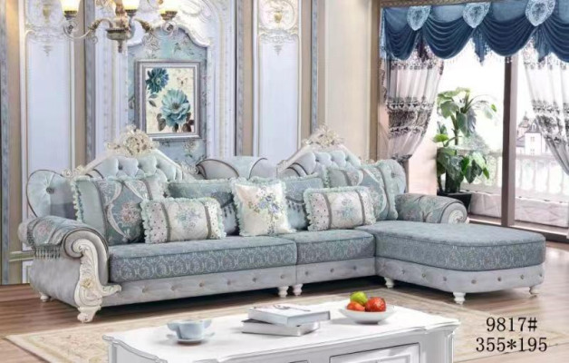 Sofá de esquina en forma de L de tela de lujo en azul, conjunto de muebles de salón.