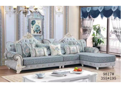 Sofá de esquina en forma de L de tela de lujo en azul, conjunto de muebles de salón.
