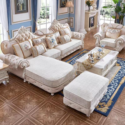 Sofá esquinero en forma de L, sillón, reposapiés, sofá de madera con tela, estilo barroco rococó.