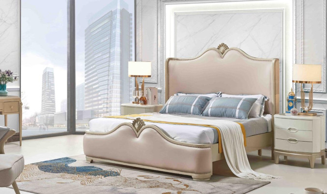 Conjunto de dormitorio barroco con cama y mesitas de noche sin esquinas afiladas.