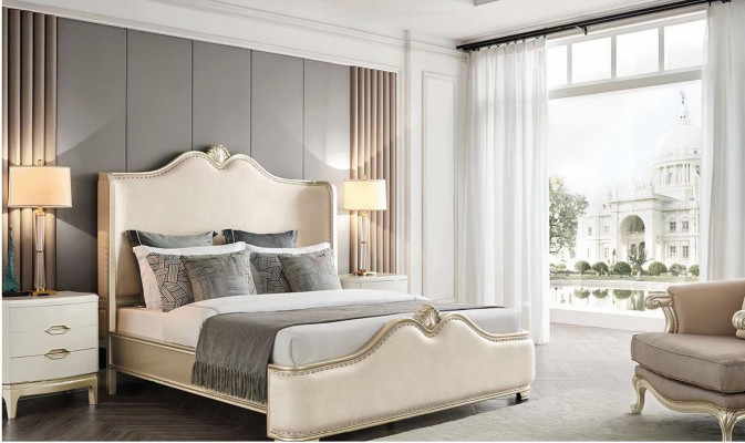 Cama 2x mesitas de noche 3 piezas dormitorio Beige Designer Muebles de lujo camas madera
