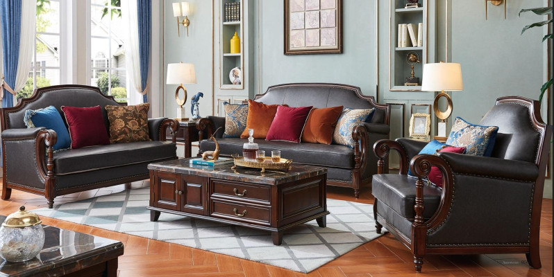 Muebles de lujo, juego de sofás sofá 3-2-1 para sala de estar, de madera, conjunto de 3 piezas.