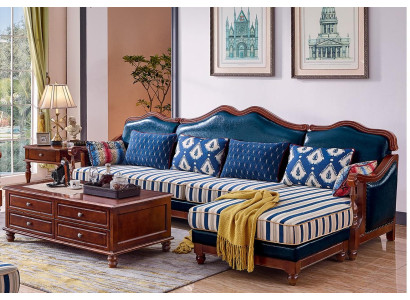 Sofá de esquina de cuero azul, muebles tapizados clásicos Chesterfield.