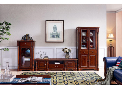 Diseño de pared de estar, mueble de TV, 2 vitrinas, conjunto de 3 piezas en estilo clásico.