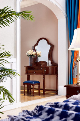 Muebles clásicos de madera maciza de lujo de 2 piezas: tocador y taburete para dormitorio.
