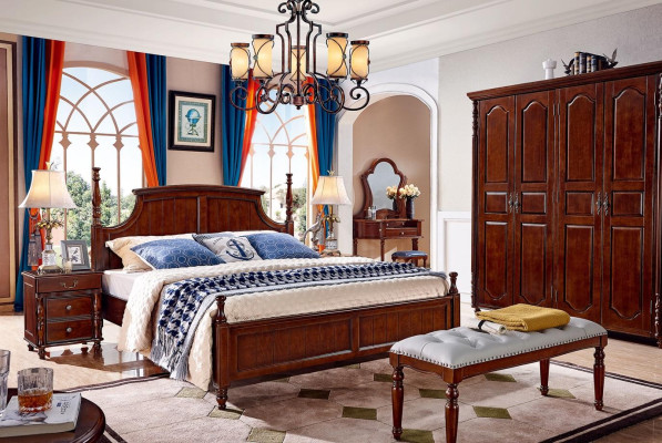 Diseño de dormitorio 3 piezas. Cama 2 mesitas de noche Conjunto de camas clásicas