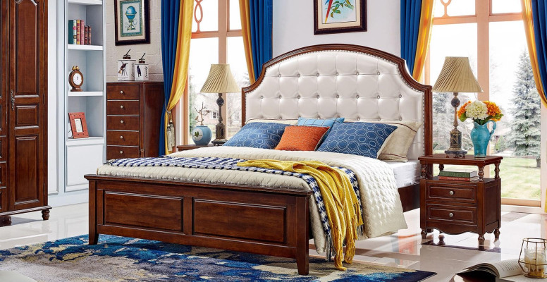 Conjunto de lujo de 3 piezas: cama, 2 mesitas de noche, marco de cama de madera para dormitorio.