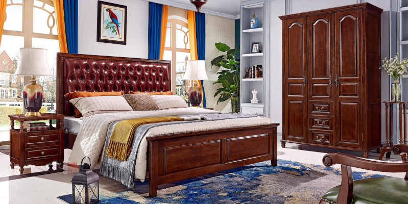 Diseño clásico de muebles de cama, cama 2 mesitas de noche 3 piezas conjunto de dormitorio.