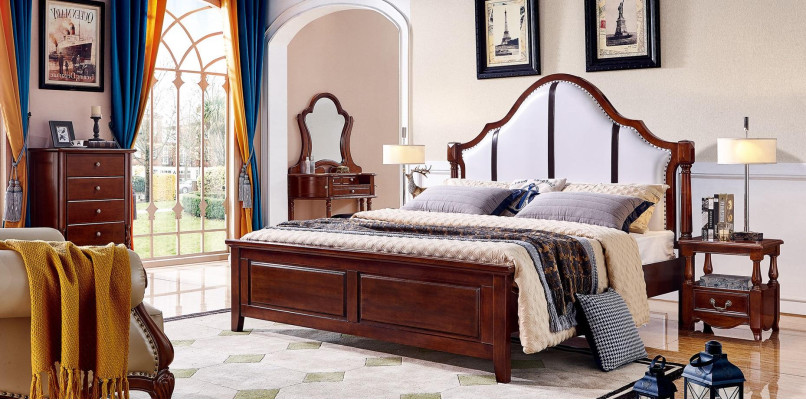 Cama 2 mesitas de noche Juego de dormitorio de 3 piezas Muebles Clásicos de Lujo Camas
