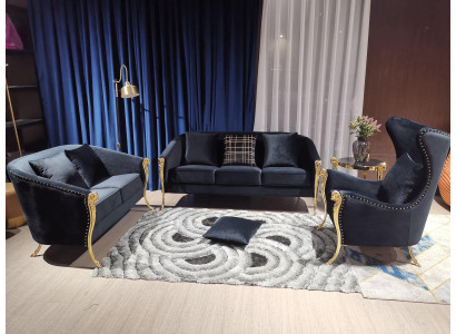Lujo conjunto de tapicería butaca 3+2+1 plazas negro terciopelo patas doradas