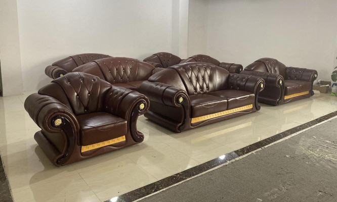 Conjunto de sofá Chesterfield marrón de cuero, sofá, sofá grupo 3+2+1.