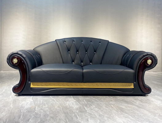 Sofá Chesterfield, sofá barroco de madera y cuero de tres plazas, muebles de sofás clásicos.