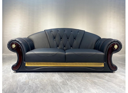 Sofá Chesterfield, sofá barroco de madera y cuero de tres plazas, muebles de sofás clásicos.