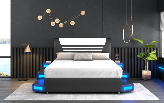 Lujo cama de dormitorio con iluminación LED en cuero 180x200 Muebles Camas