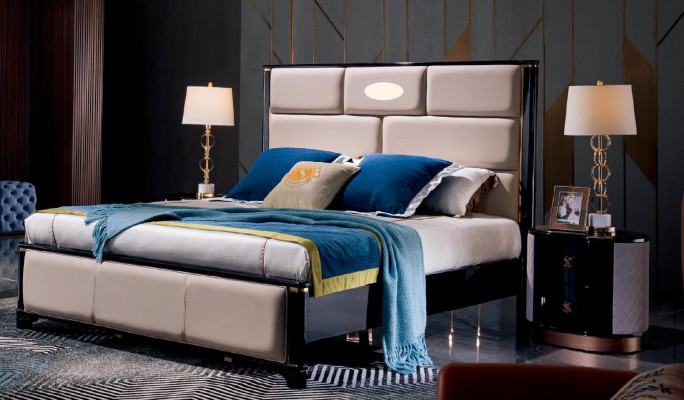 Muebles de dormitorio de diseñador 5 piezas conjunto completo cama mesita de noche tocador cuero
