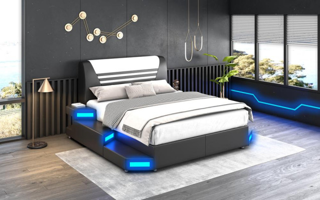 Lujo cama de dormitorio con iluminación LED en cuero 180x200 Muebles Camas