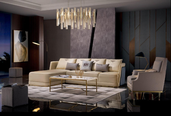 Conjunto de sofá esquinero en forma de L con sillón de sala de estar moderno de cuero.