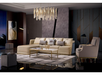 Conjunto de sofá esquinero en forma de L con sillón de sala de estar moderno de cuero.