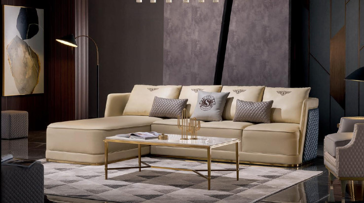 Conjunto de sofá esquinero en forma de L con sillón de sala de estar moderno de cuero.