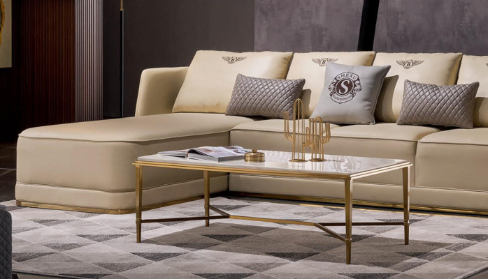 Conjunto de sofá esquinero en forma de L con sillón de sala de estar moderno de cuero.