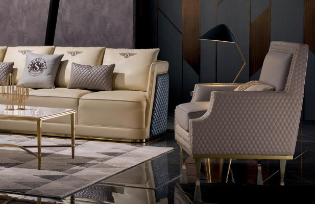 Conjunto de sofá esquinero en forma de L con sillón de sala de estar moderno de cuero.