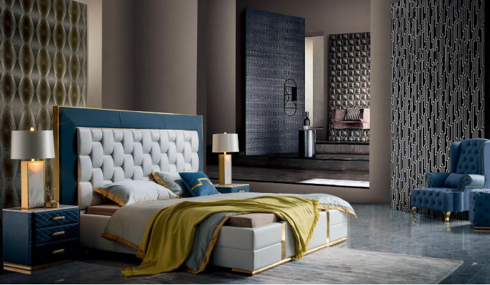 Conjunto de dormitorio de diseño de 3 piezas cama cama doble camas 2x mesita de noche cuero