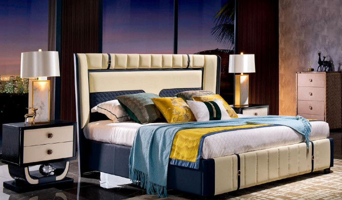 Diseño de dormitorio de 3 piezas. Cama 2 mesitas de noche Clásico lujo camas