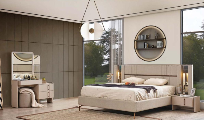 Muebles de dormitorio modernos Cama doble beige 2 mesitas de noche Tocador