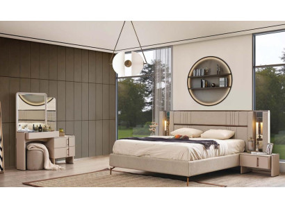 Muebles de dormitorio modernos Cama doble beige 2 mesitas de noche Tocador
