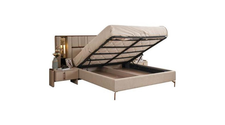 Muebles de dormitorio modernos Cama doble beige 2 mesitas de noche Tocador