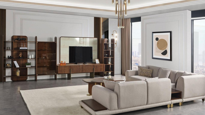 Elegante conjunto de sala de estar compuesto por mueble de pared, mesa de centro y mesa auxiliar.