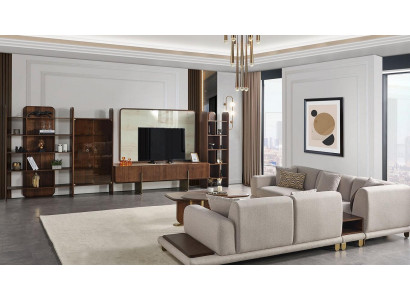 Elegante conjunto de sala de estar compuesto por mueble de pared, mesa de centro y mesa auxiliar.