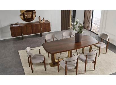 Juego de comedor moderno compuesto por mesa de comedor, 6 sillas, espejo y aparador.
