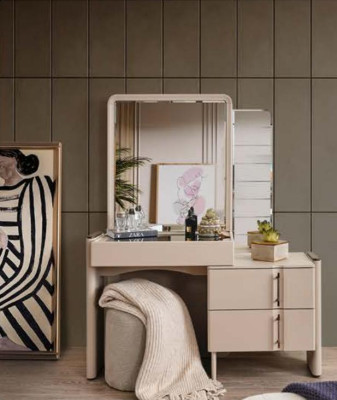 Juego exclusivo de 2 piezas de tocador de diseñador en color beige para el dormitorio con espejo.