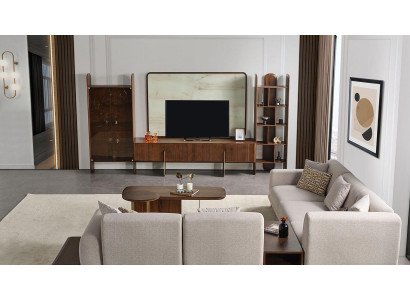 Juego de sala de estar de 6 piezas de Braun, compuesto por mueble de pared, mesa de centro y mesa auxiliar, todo nuevo.