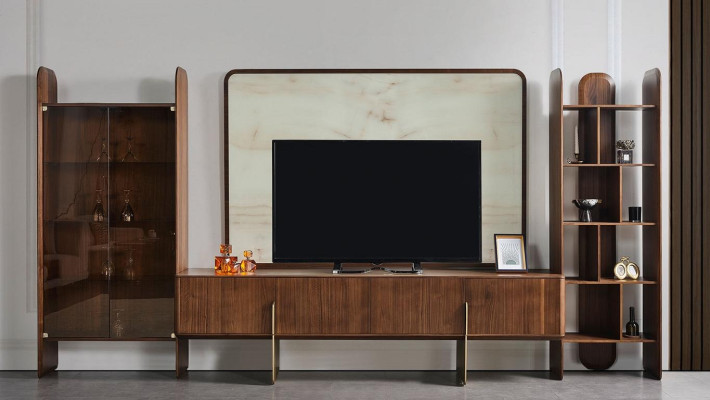 Conjunto de salón de 4 piezas: vitrina, mueble bajo para TV, marco de TV, estantería moderna.