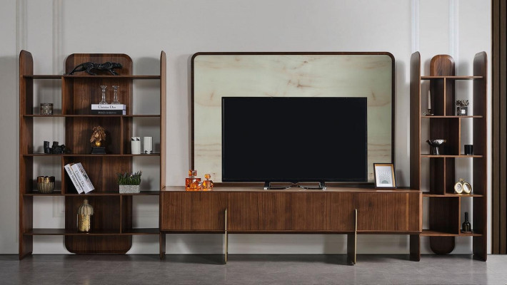 Conjunto de sala de estar lujoso: 2x libreros y mueble bajo para TV con marco de TV de 4 piezas.