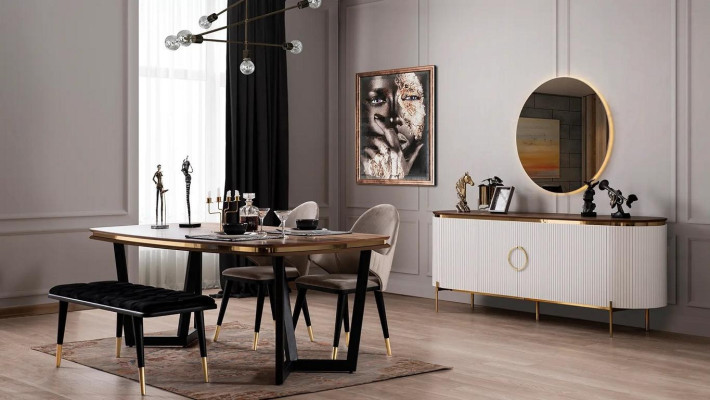 Conjunto de comedor que consta de mesa de comedor, 4 sillas, banco, aparador y espejo, 8 piezas.