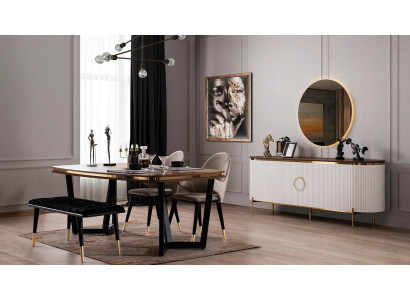 Conjunto de comedor que consta de mesa de comedor, 4 sillas, banco, aparador y espejo, 8 piezas.