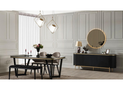 Moderno set de comedor de 8 piezas: mesa de comedor, 4 sillas, aparador, espejo, banco. Nuevo.