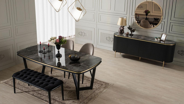 Moderno set de comedor de 8 piezas: mesa de comedor, 4 sillas, aparador, espejo, banco. Nuevo.