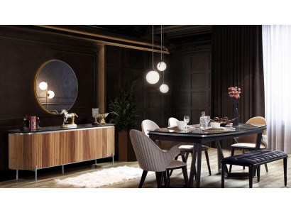 Conjunto de comedor elegante de 8 piezas: mesa de comedor, 4 sillas, aparador, espejo y banco nuevos.