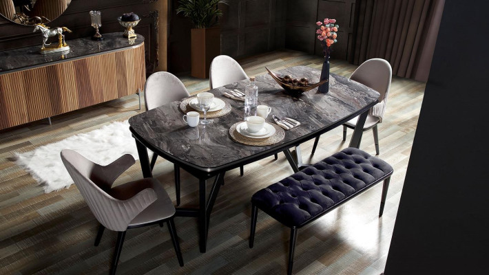 Conjunto de comedor elegante de 8 piezas: mesa de comedor, 4 sillas, aparador, espejo y banco nuevos.