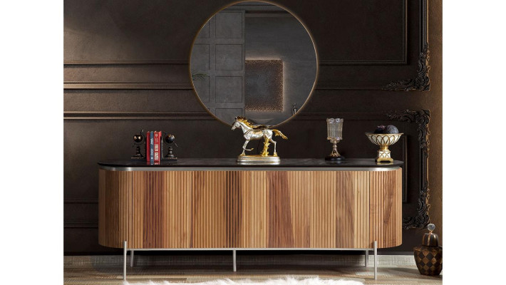 Conjunto de comedor elegante de 8 piezas: mesa de comedor, 4 sillas, aparador, espejo y banco nuevos.
