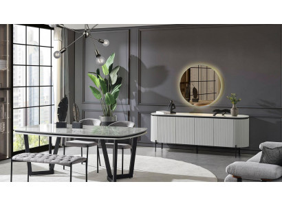 Juego de comedor moderno que consta de mesa de comedor, 4 sillas y aparador espejo.