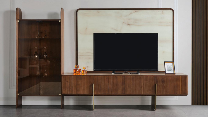 Conjunto de sala de estar consta de vitrina, bajo-mueble de TV y marco de TV 3 piezas. Nuevo.